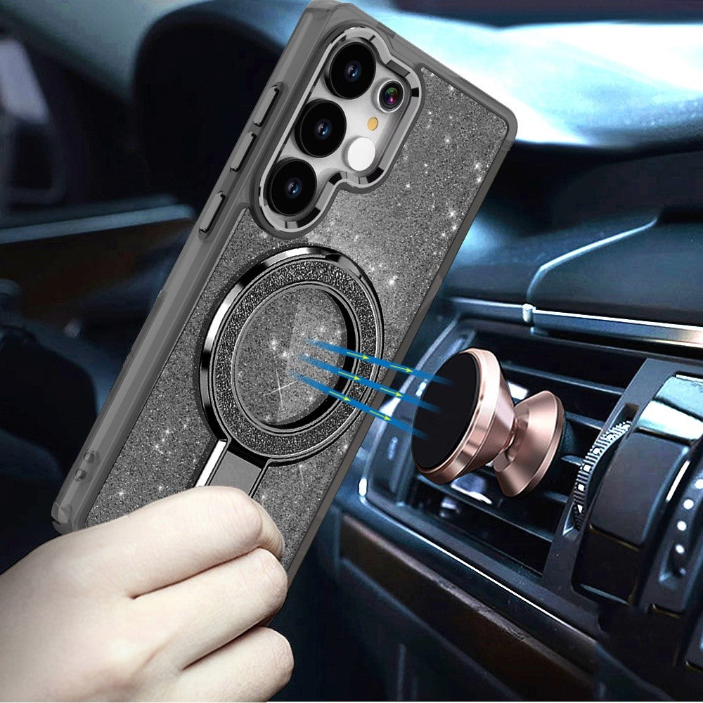 For Samsung Galaxy S26 Ultra Transparent Glitter Bling Case with Rotating Magnetic Ring Stand, Shockproof Hybrid Case Cover