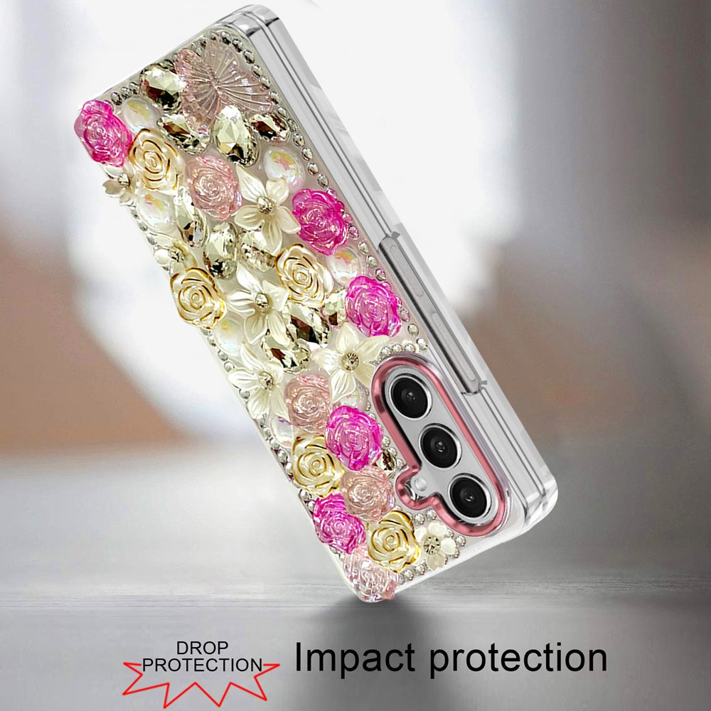 For Samsung Galaxy Z Fold 7 3D Diamond Floral Roses Flower Bling Stone Hybrid, Sparkly Rhinestone Gemstone Back Shockproof Case Cover