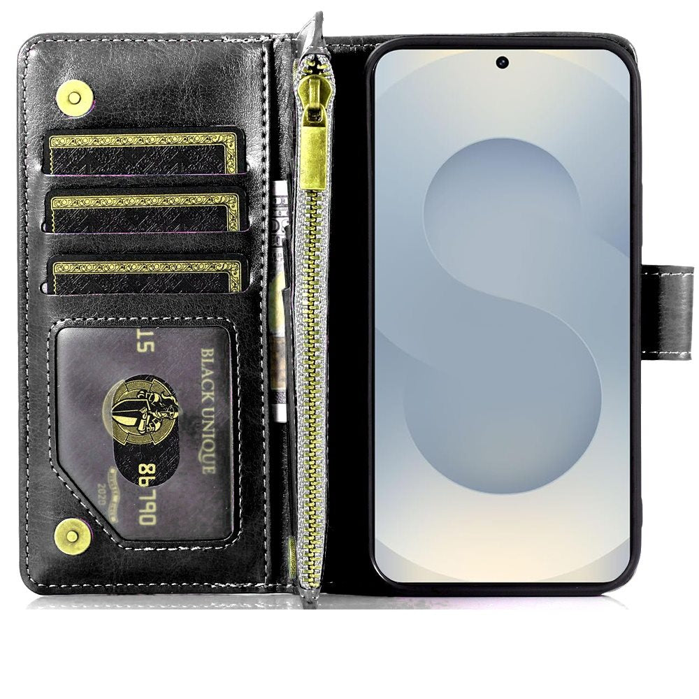 For Samsung Galaxy S25 EDGE Leather Wallet Case with Zipper, 9 Card Slots, Cash Pocket, Stand & Strap, Clutch Pouch Design Case Cover Black