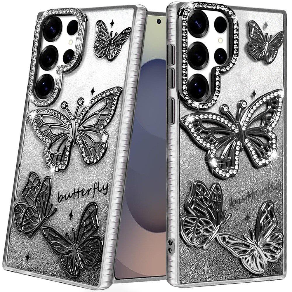 For Samsung Galaxy S26 Ultra Luxury Butterfly Sparkle Glitter Diamond Crystal Rhinestone Shimmer Bling Plating Thick TPU Hard PC Case Cover