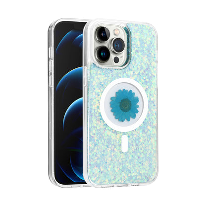 For Apple iPhone 17E /16E MagSafe Compatible Glitter Flower Epoxy Hybrid Slim TPU Case, Magnetic Circle Design, Sparkly Bling Protective Case Cover
