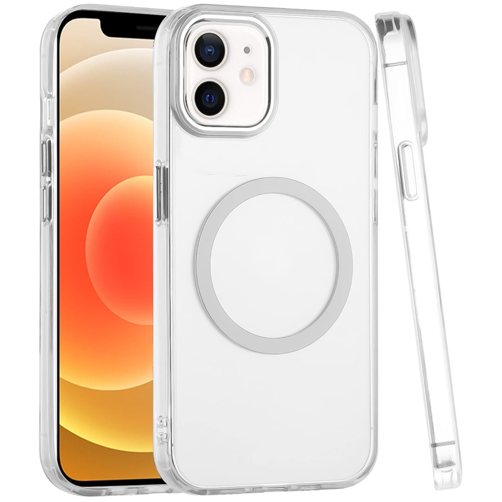 For iPhone 12 / iPhone 12 Pro (6.1") Transparent Back Hybrid Case - Magnetic Circle, Color Frame, Metal Buttons, MagSafe Compatible Case Cover