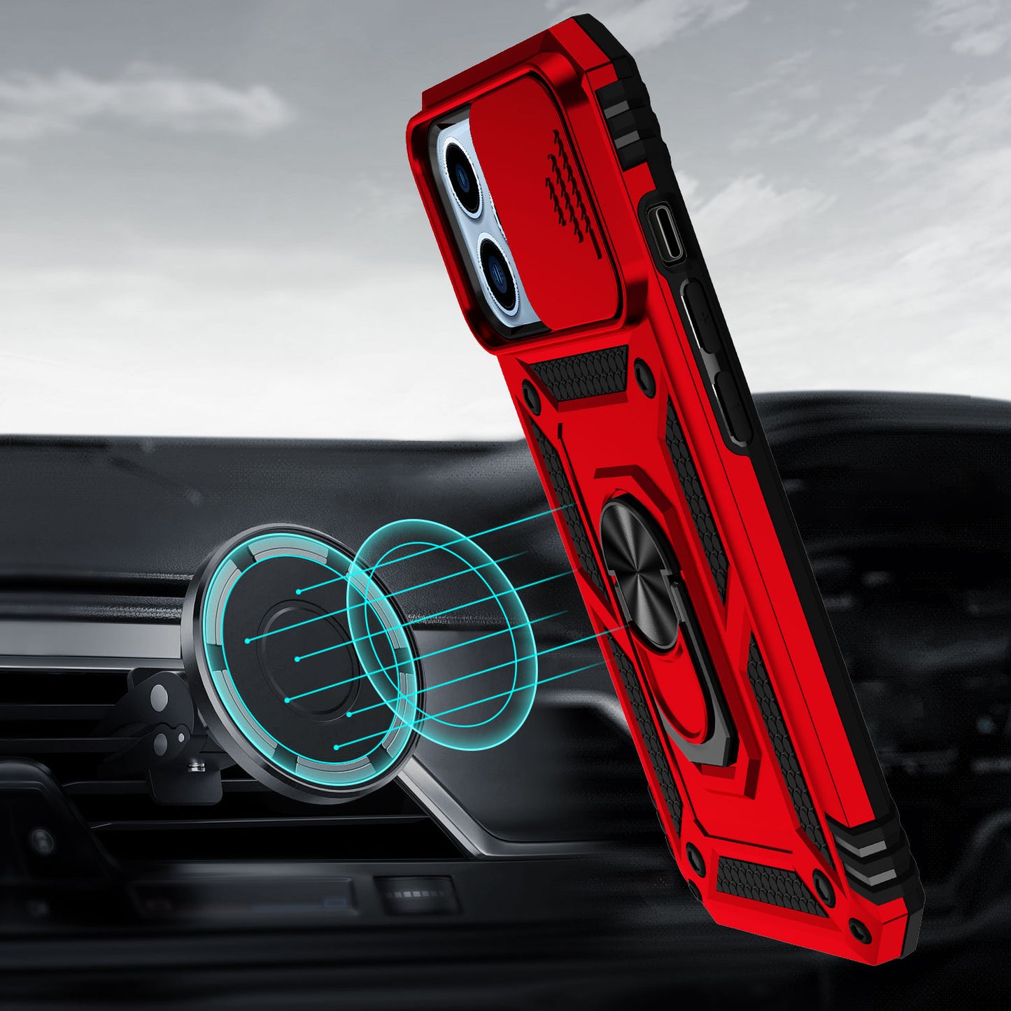 For Apple iPhone 11 Hybrid Ring Shockproof with 360° Rotate Ring Kickstand, Camera Lens Protection, Soft Edge Bumper Case Cover Red