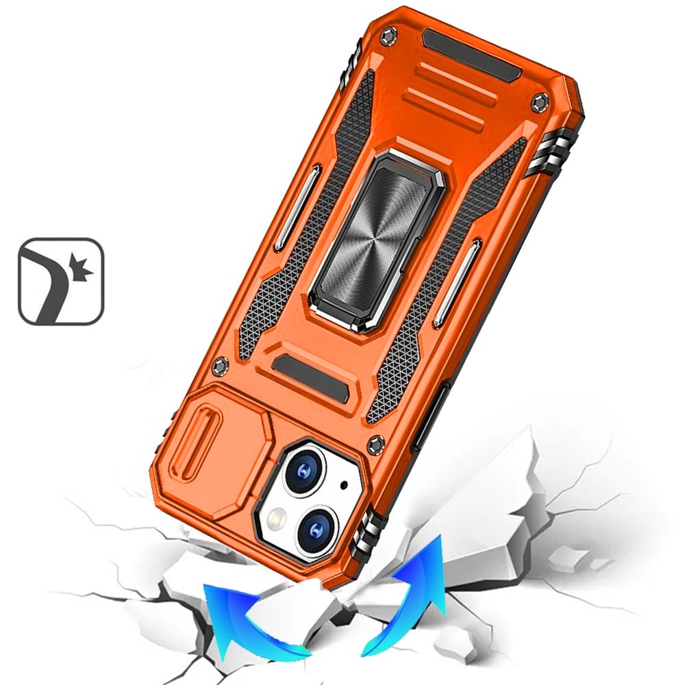For iPhone 14/13 (6.1") Tough Hybrid Case with Movable Camera Window & Metal Ring Stand Shockproof Case Cover Cosmic Orange