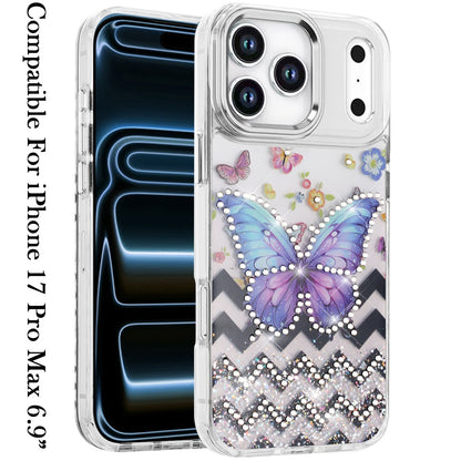 For Samsung Galaxy A57 Butterfly Resin Epoxy Diamond Design Metal Edged Hybrid Shockproof Heavy Duty Drop Protection Case Cover