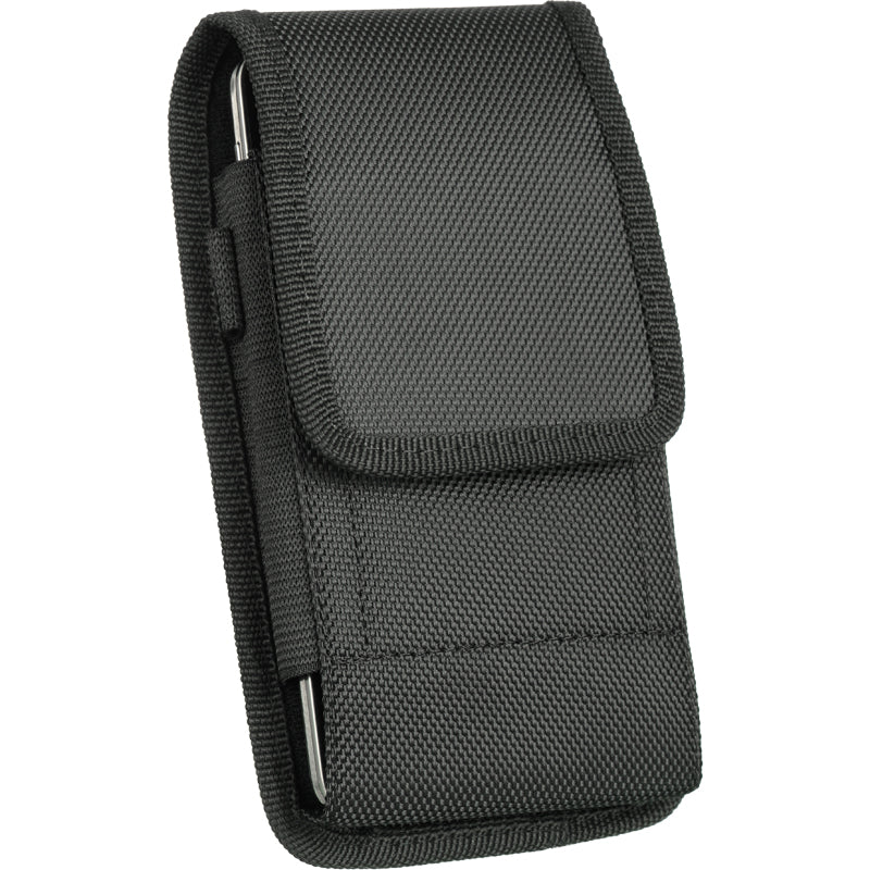 For Apple iPhone 16 (6.1") Universal Pouch Case Vertical Phone Holster Durable Nylon Cover with Belt Clip Loop, Velcro & Hook Carabiner [Black]