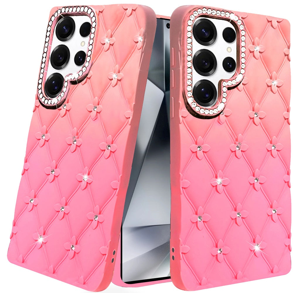 For Samsung Galaxy S24 Ultra Fashion Flower Design Sparkle Glitter Shimmer Rhinestone Bling Floral Accents, Leather Texture TPU Case Cover