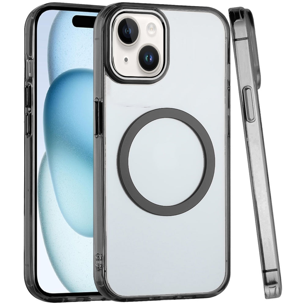For iPhone 15 (6.1") Transparent Back Hybrid Case - Magnetic Circle, Color Frame, Metal Buttons, MagSafe Compatible Case Cover