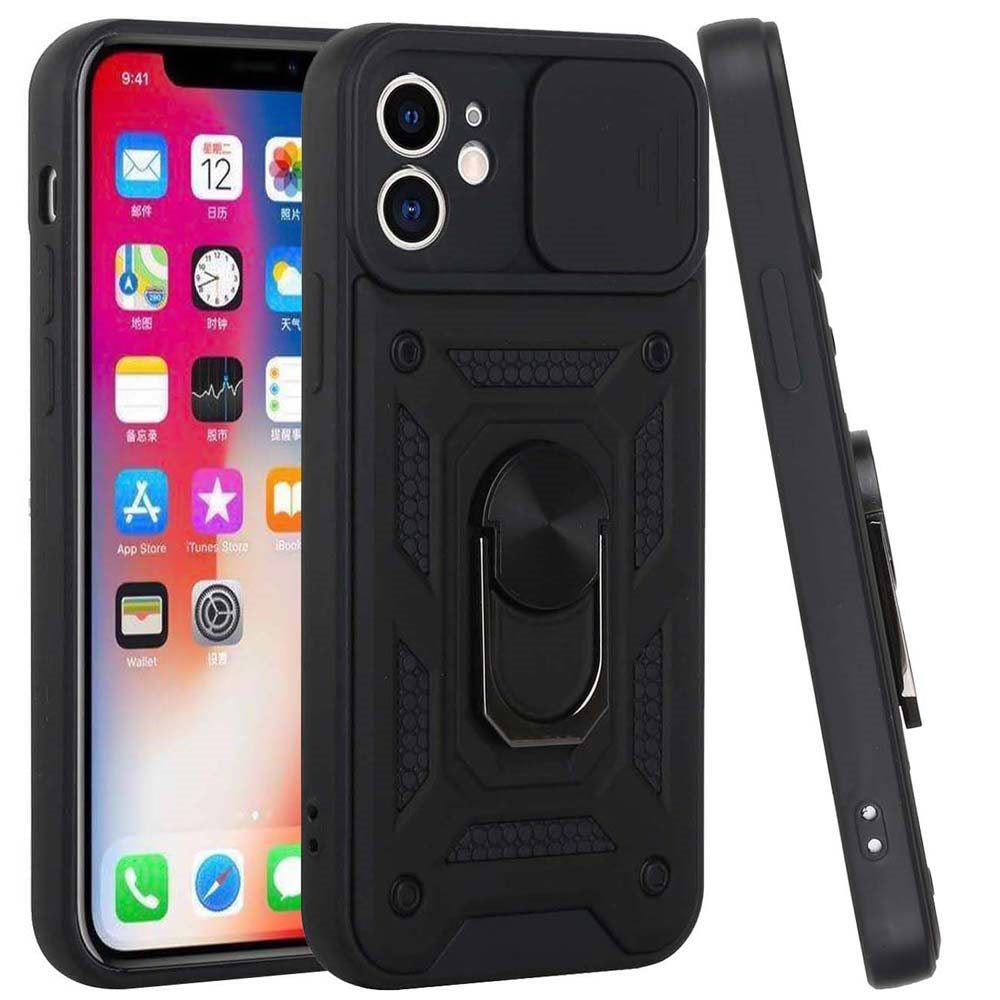 For Apple iPhone 11 Hybrid Case with Slide Camera Lens Cover, Ring Kickstand, Heavy-Duty Dual Layer TPU, Fit Magnet Car Mount Case Cover Black
