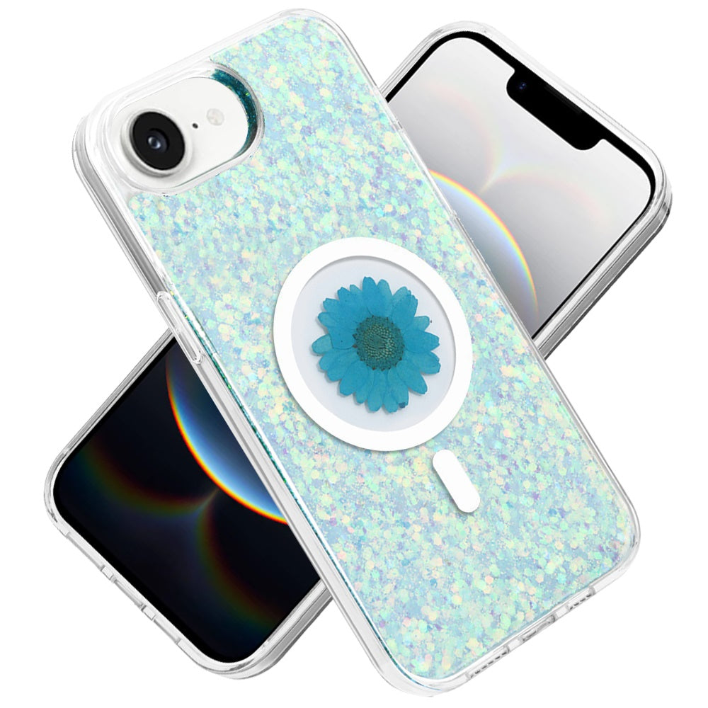 For Apple iPhone 17E /16E MagSafe Compatible Glitter Flower Epoxy Hybrid Slim TPU Case, Magnetic Circle Design, Sparkly Bling Protective Case Cover