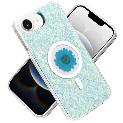 For Apple iPhone 17E /16E MagSafe Compatible Glitter Flower Epoxy Hybrid Slim TPU Case, Magnetic Circle Design, Sparkly Bling Protective Case Cover