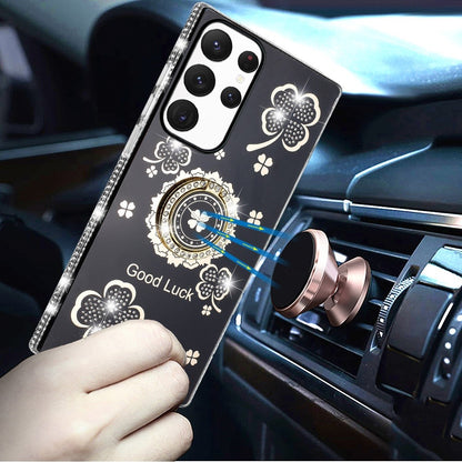 For Samsung Galaxy S22 Ultra Diamonds Bling All Around Edges Sparkly Glitter Hybrid Ring Stand Holder Fashion Good Luck Case Cover