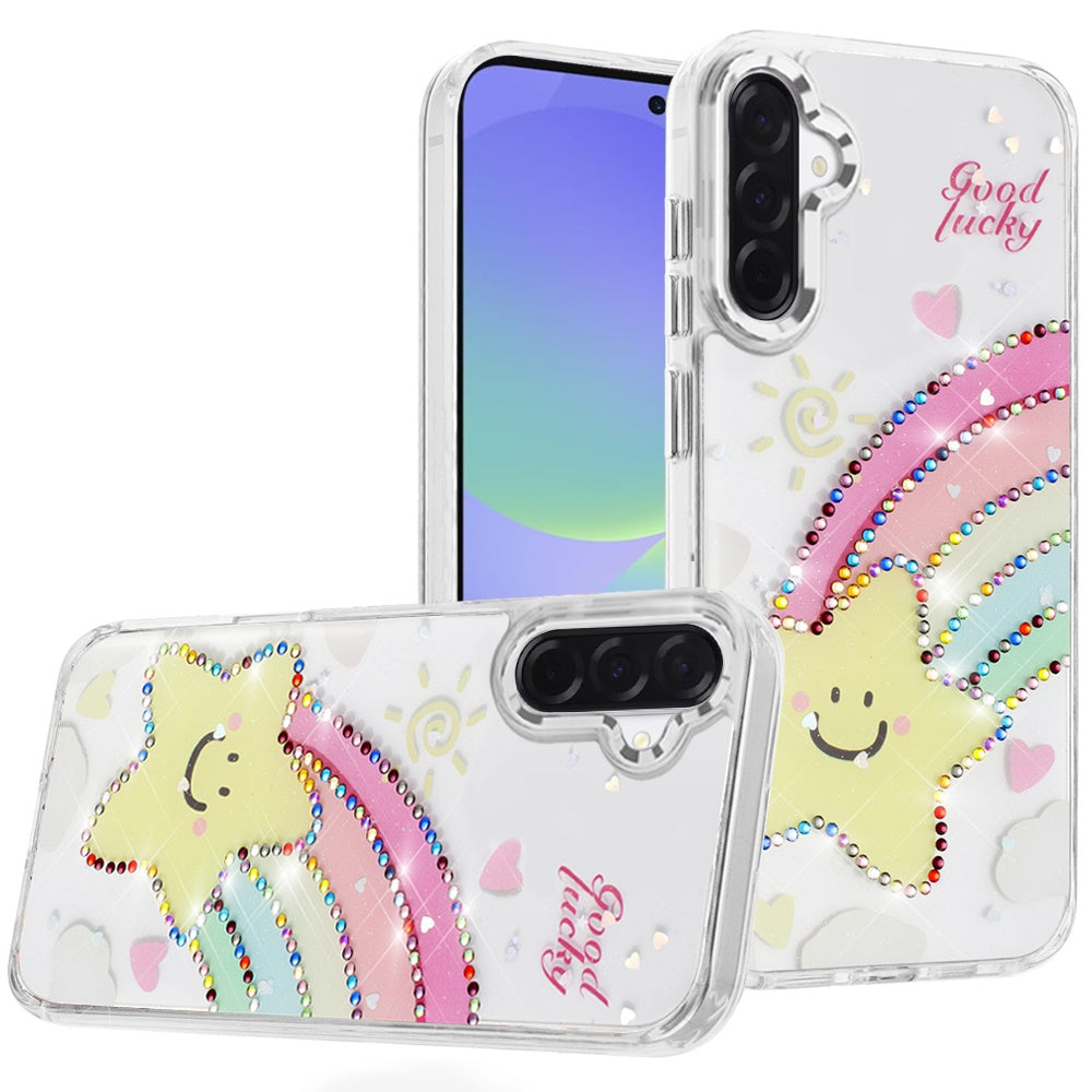 For Samsung Galaxy A36 Butterfly Resin Epoxy Diamond Design Metal Edged Hybrid Shockproof Heavy Duty Drop Protection Case Cover