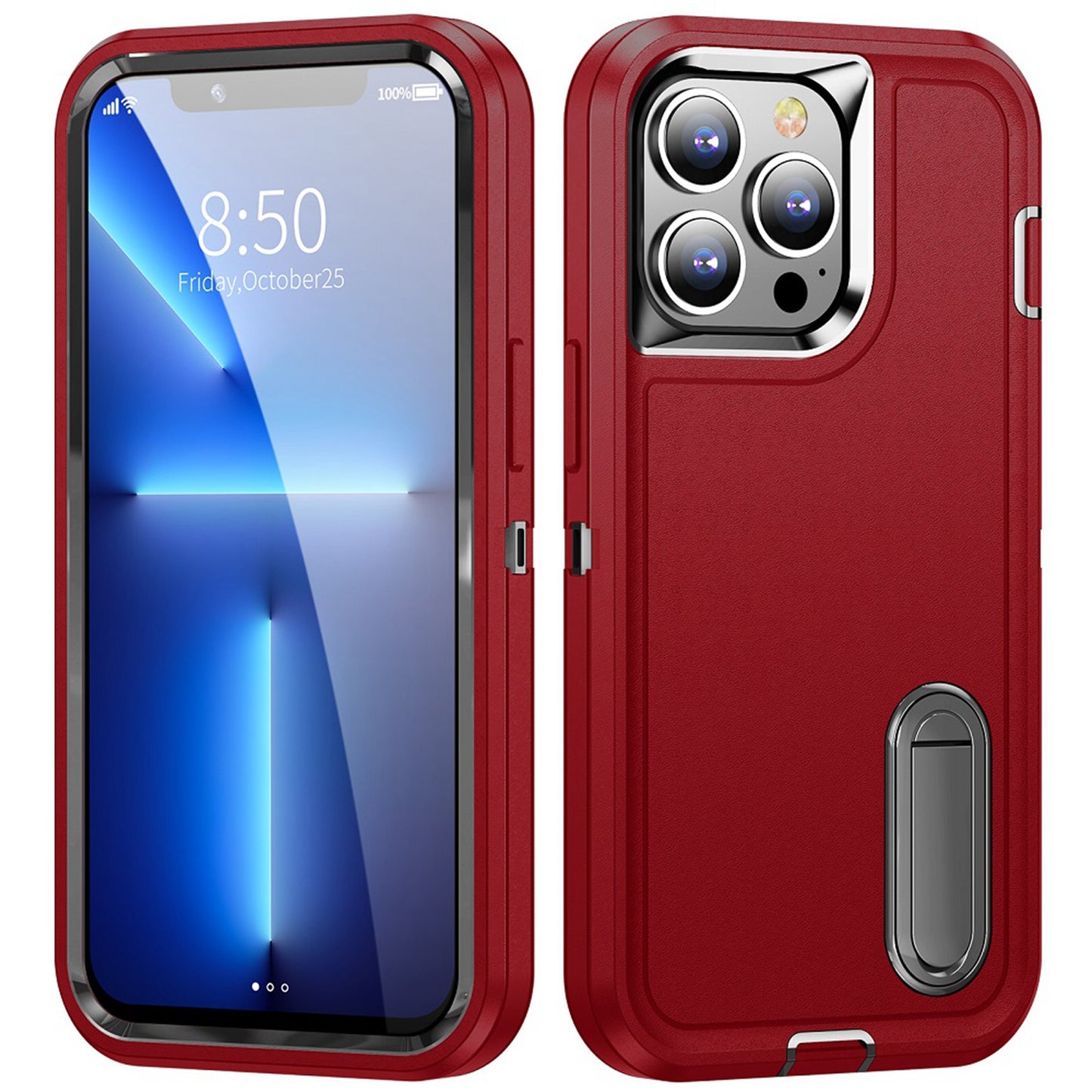 For Apple iPhone 16 (6.1") Hybrid 3 Layers Hard 3in1 Shockproof with Kickstand Heavy Duty Hard TPU Rubber Anti-Drop Case Cover Red