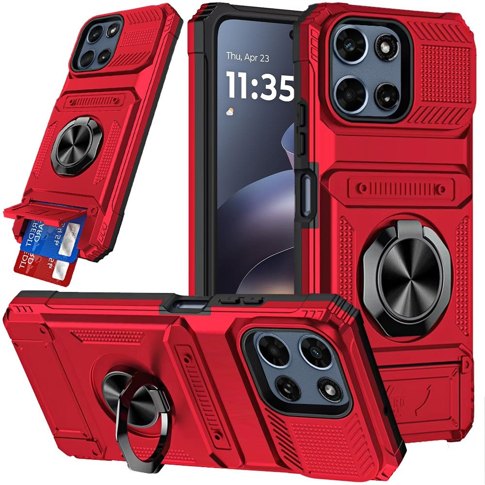 For Motorola Moto G Play 5G 2026 2X Card Slot Metal Ring Stand Hybrid Shockproof Heavy Duty Drop Protection Multi Functional Design Case Cover Black