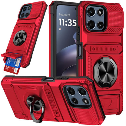 For Motorola Moto G Play 5G 2026 2X Card Slot Metal Ring Stand Hybrid Shockproof Heavy Duty Drop Protection Multi Functional Design Case Cover Black