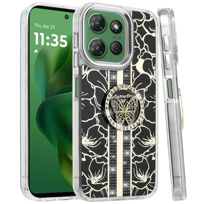 For Motorola Moto G Power 5G 2026 /2025 Diamonds 3D Butterfly Floral Design Bling Sparkly Glitter Hybrid Metal Fashion with Ring Stand Case Cover