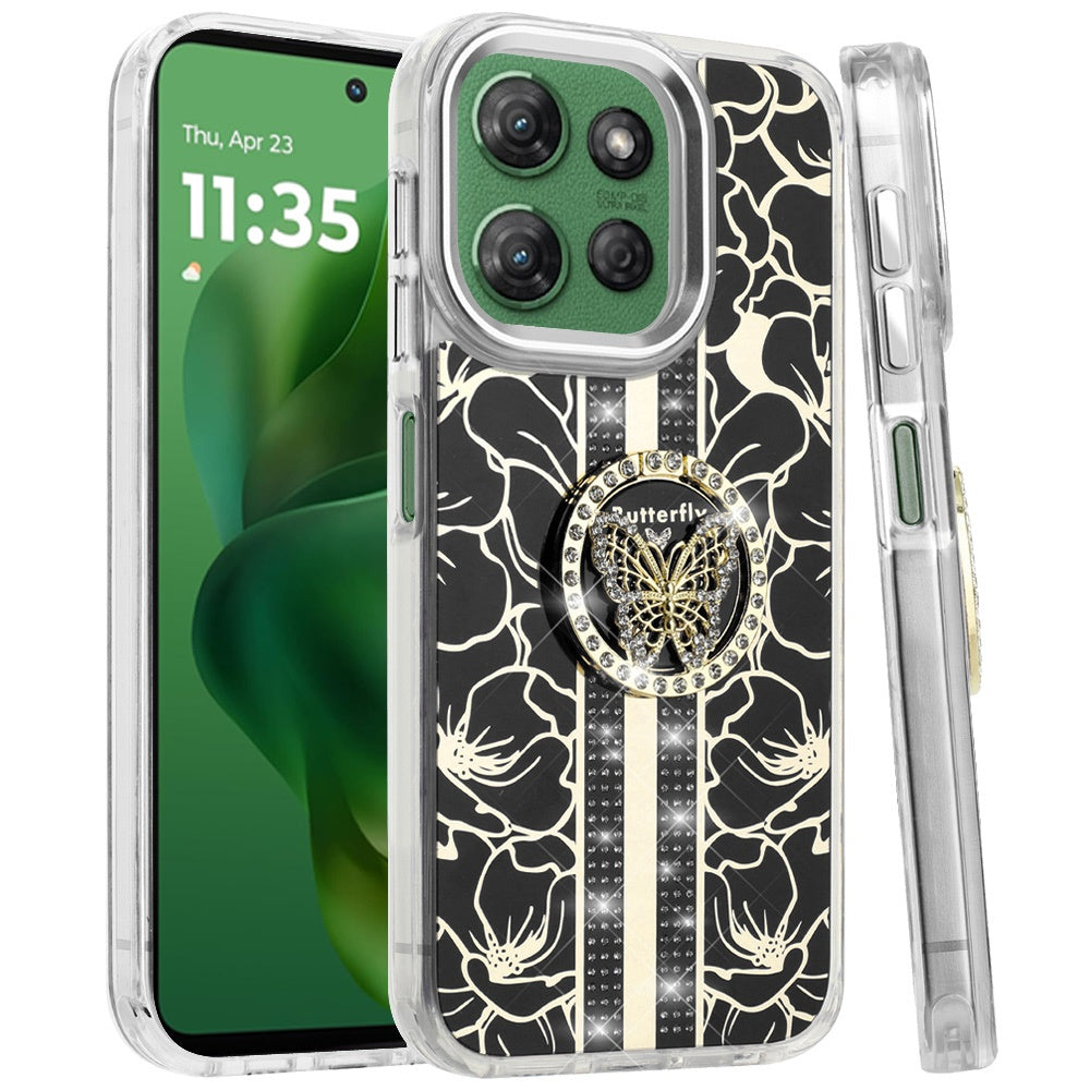 For Samsung Galaxy S26 Diamonds 3D Butterfly Floral Design Bling Sparkly Glitter Hybrid Metal Fashion with Ring Stand Case Cover