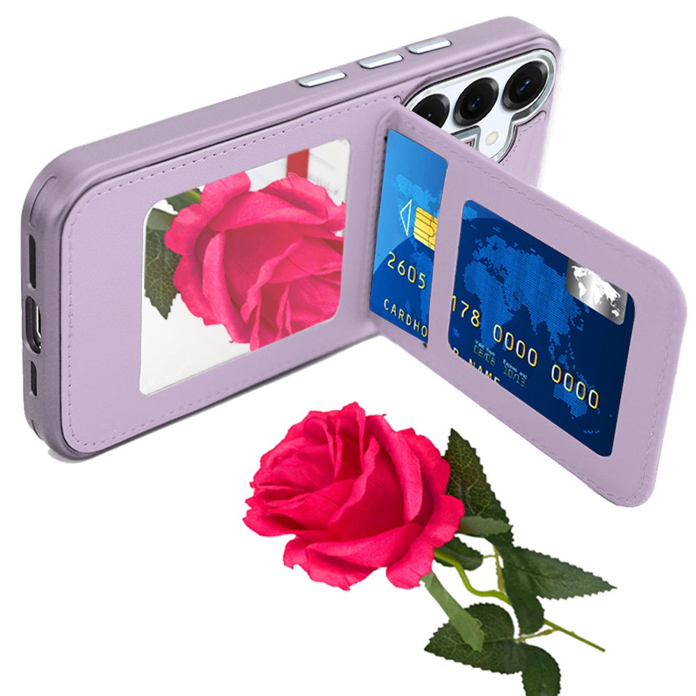 For Samsung Galaxy A16 PU Leather Wallet Cover with Credit Card Holder, Kickstand & Mirror Inside Slim Fit TPU & PC Hybrid Design Case Cover