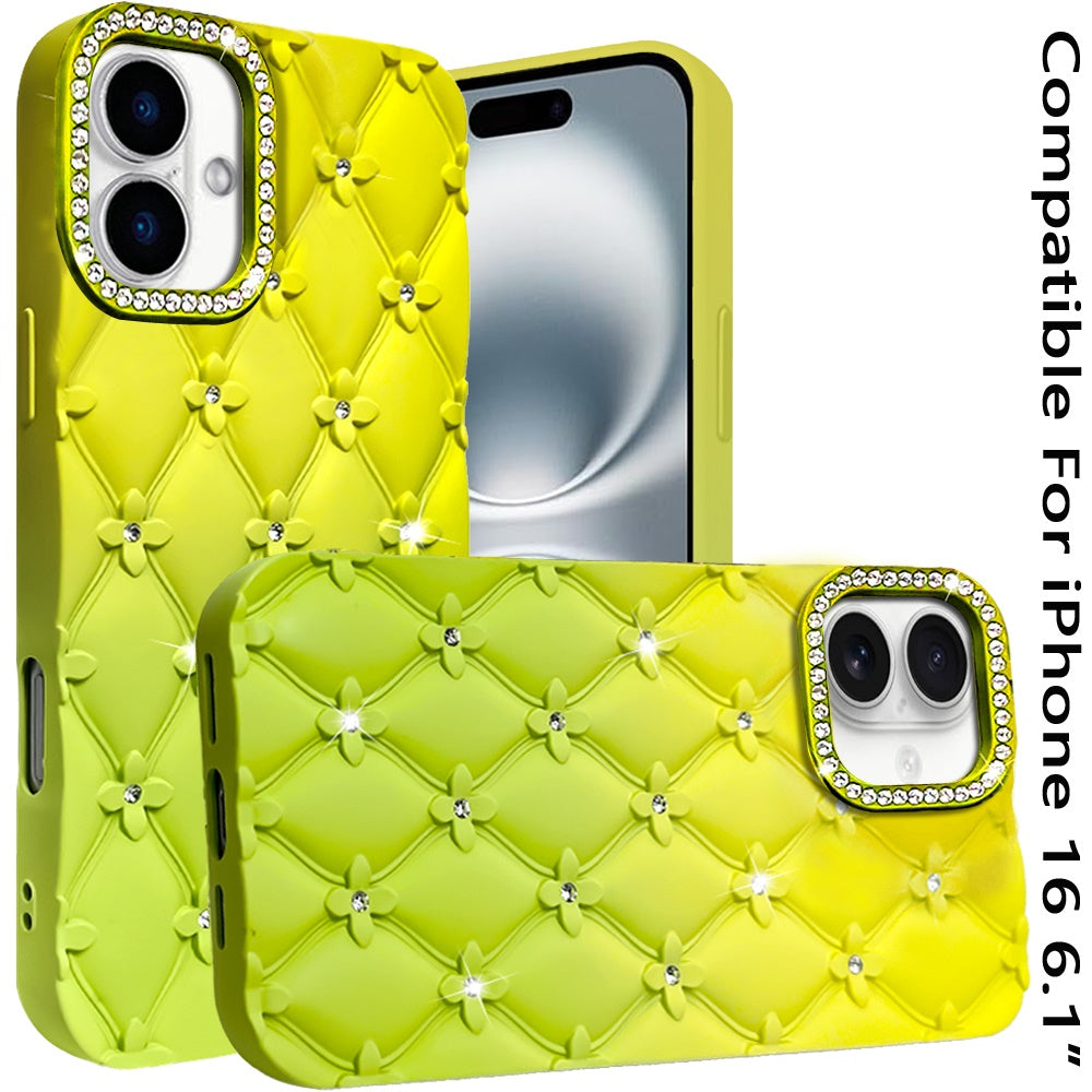 For iPhone 16 (6.1") Fashion Flower Design Sparkle Glitter Shimmer Rhinestone Bling Floral Accents, Leather Texture TPU Case Cover Light Green/Teal