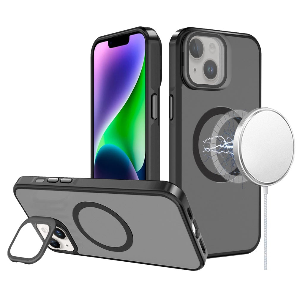 For Apple iPhone 11 Pro Max Tough HQ Hybrid Case with Aluminum Frame Camera Stand, Compatible with MagSafe, Translucent Matte Shockproof Case Cover Black