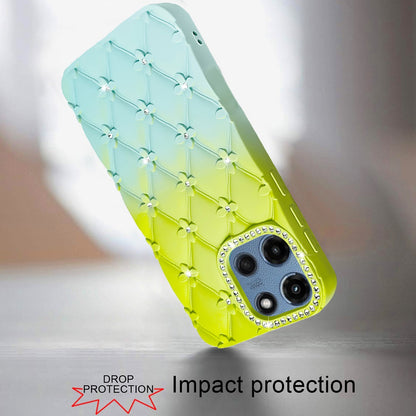 For Motorola Moto G Play 5G 2026 Fashion Flower Design Sparkle Glitter Shimmer Rhinestone Bling Floral Accents, Leather Texture TPU Case Cover Light Green/Teal