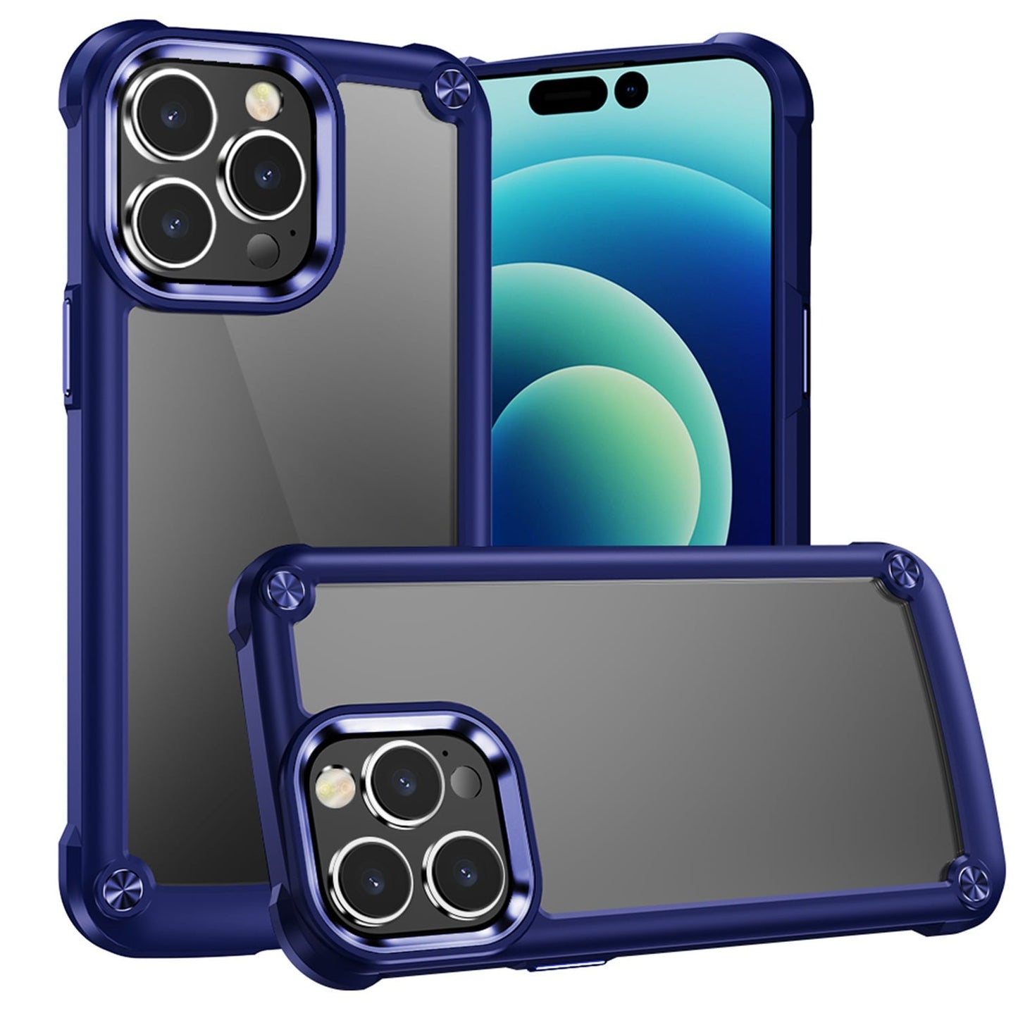 For Apple iPhone 12 Pro Max Hybrid Transparent Rubber with Metal Buttons & Camera Edges Hard TPU Corner Frame Bumper Case Cover Blue