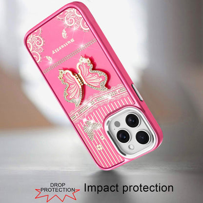 For Apple iPhone 13 Pro Max Glitter 3D Butterfly Design Bling Metallic Edge Hybrid Stand Drop Protection TPU Shockproof Case Cover Dark Purple