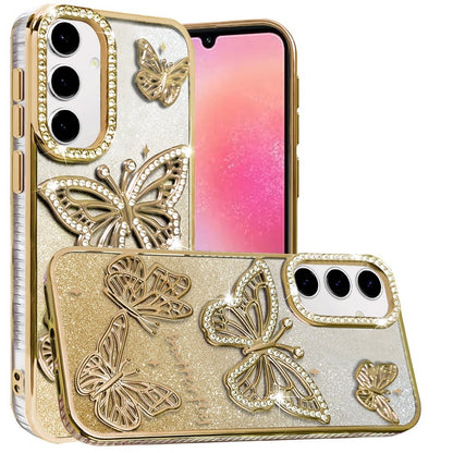 For Samsung Galaxy S24 Fan Edition /Galaxy S24 FE Luxury Butterfly Sparkle Glitter Diamond Crystal Rhinestone Shimmer Bling Plating Thick TPU Hard PC Case Cover