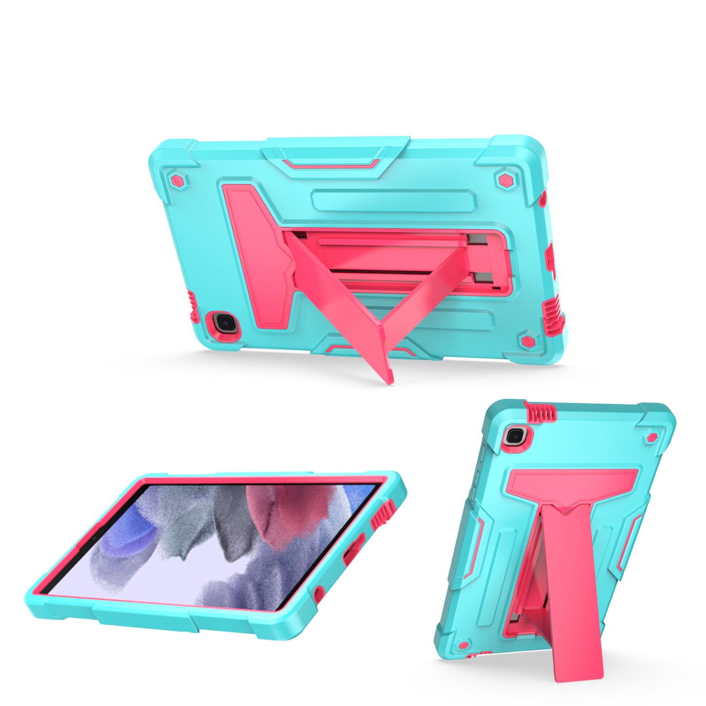For Tough Hybrid with Vertical 3-in-1 Design, Built-in Kickstand, Shockproof Rugged Full Body with Grip Protection Teal Pink Tablet Case Cover