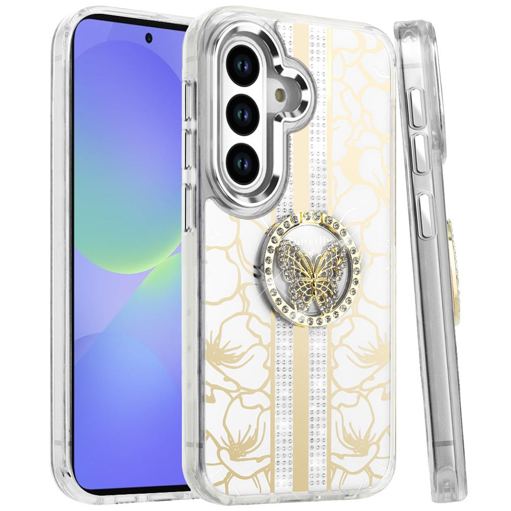 For Samsung Galaxy A36 Diamonds 3D Butterfly Floral Design Bling Sparkly Glitter Hybrid Metal Fashion with Ring Stand Case Cover