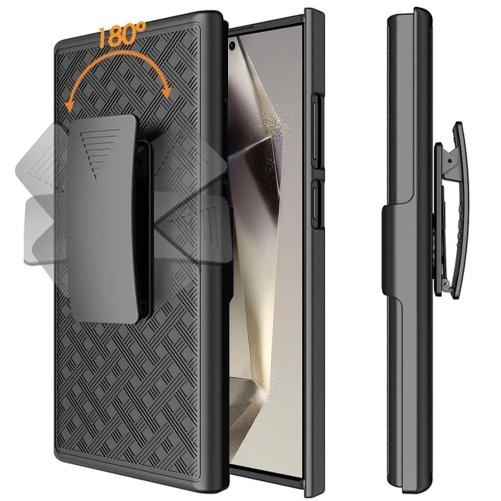 For Samsung Galaxy S25 Ultra Hybrid Slim 3-in-1 Shockproof Armor with Kickstand Holster Combo & Swivel Belt Clip Case Cover Black