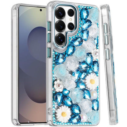For Samsung Galaxy S25 Ultra Fashion Daisy Floral Series, Full 3D Bling Crystal Diamonds Sparkling Rhinestone Glitter Hybrid Design Case Cover Blue