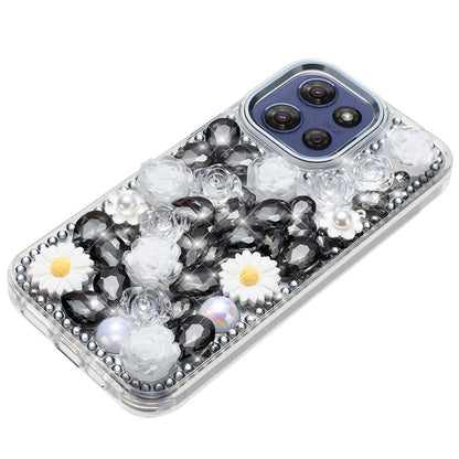 For Motorola Moto G Play 5G 2026 Fashion Daisy Floral Series, Full 3D Bling Crystal Diamonds Sparkling Rhinestone Glitter Hybrid Design Case Cover White