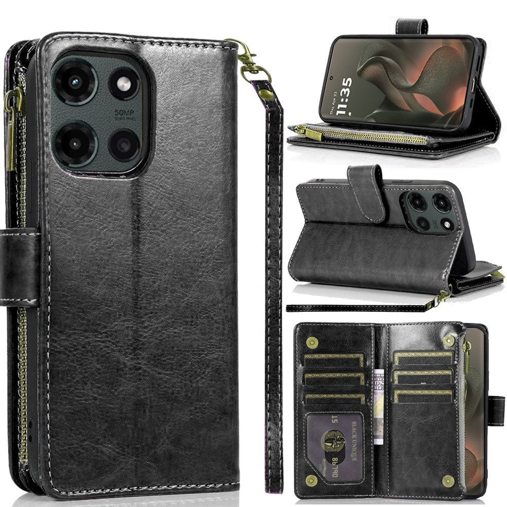 For Motorola Edge 2025 Leather Wallet Case with Zipper, 9 Card Slots, Cash Pocket, Stand & Strap, Clutch Pouch Design Case Cover Black