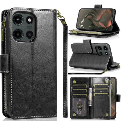 For Motorola Edge 2025 Leather Wallet Case with Zipper, 9 Card Slots, Cash Pocket, Stand & Strap, Clutch Pouch Design Case Cover Black