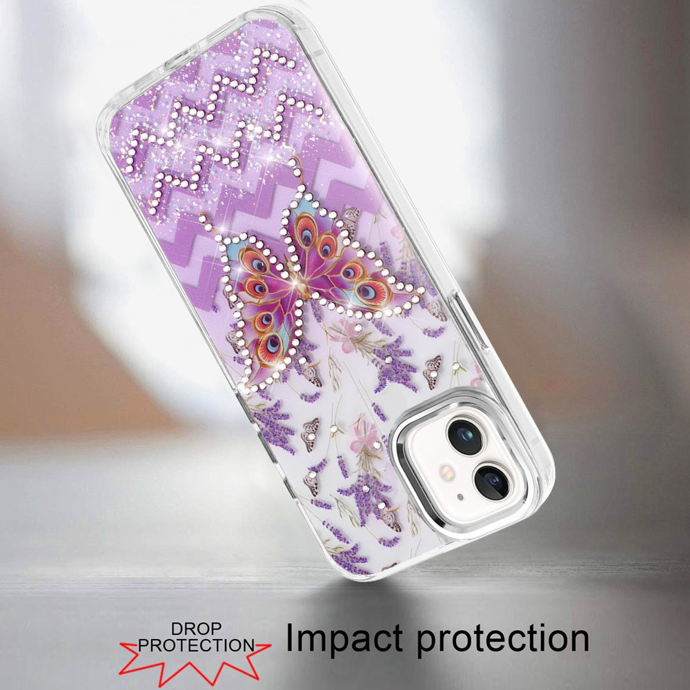 For Apple iPhone 17E /16E Butterfly Resin Epoxy Diamond Design Metal Edged Hybrid Shockproof Heavy Duty Drop Protection Case Cover