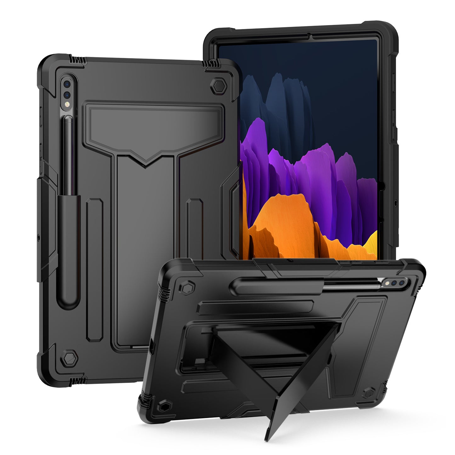 For Tough Hybrid with Vertical 3-in-1 Design, Built-in Kickstand, Shockproof Rugged Full Body with Grip Protection Black Tablet Case Cover