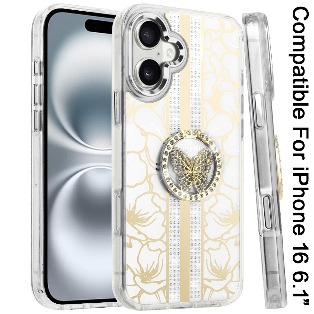 For iPhone 12 / iPhone 12 Pro (6.1") Diamonds 3D Butterfly Floral Design Bling Sparkly Glitter Hybrid Metal Fashion with Ring Stand Case Cover