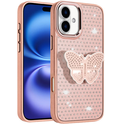 For Apple iPhone 17 (6.3") Butterfly Moveable Grip 3D Pop Stand Full Diamond Bling Sparkling TPU Fashion Hybrid Case Cover