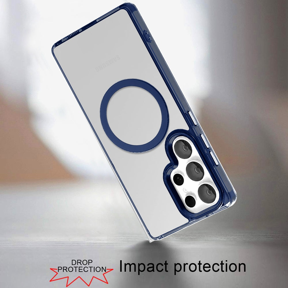 Phone Case for Samsung Galaxy S24 Ultra Magnetic Clear Acrylic Metal Button Camera Guard Shockproof Transparent Slim Grip Premium Hybrid Cover Blue
