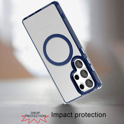 Phone Case for Samsung Galaxy S24 Ultra Magnetic Clear Acrylic Metal Button Camera Guard Shockproof Transparent Slim Grip Premium Hybrid Cover Blue
