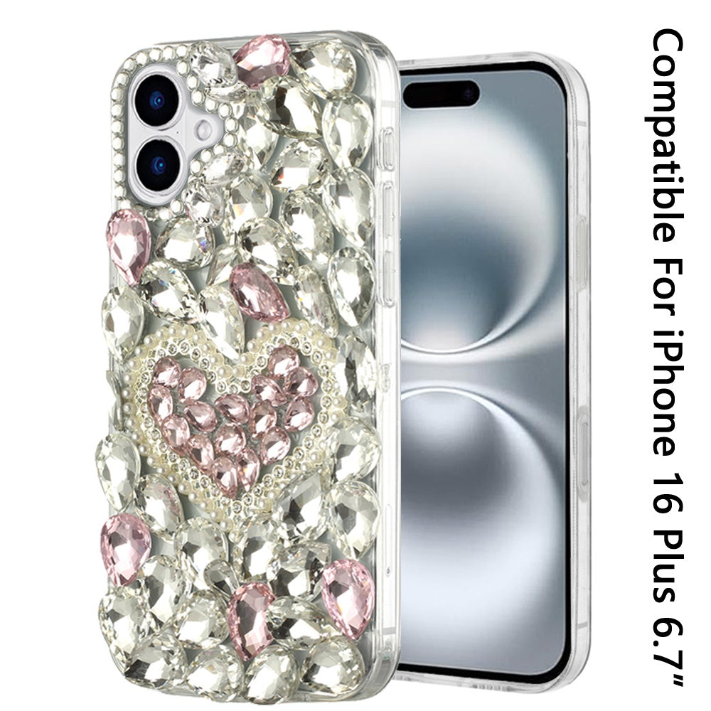 For Apple iPhone 16 Plus (6.7") Bling Crystal 3D Full Diamonds Luxury Sparkle Rhinestone Hybrid Protective Case Cover
