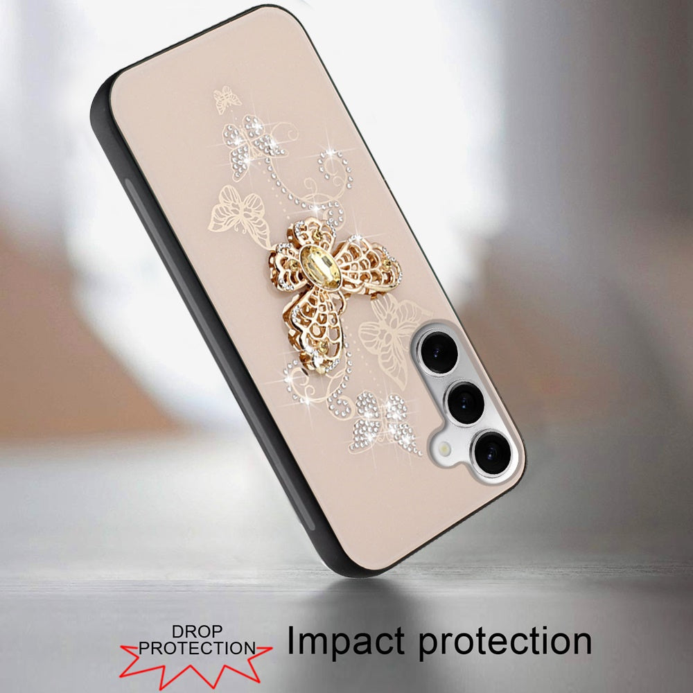 For Samsung Galaxy A36 Diamonds 3D Butterfly Bling Sparkly Glitter Ornaments Engraving Hybrid Metal Fashion Case Cover Gold Garden Butterflies