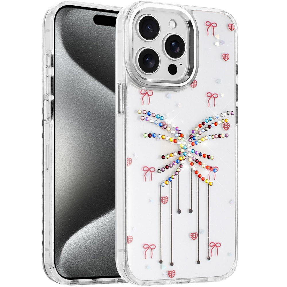 For Apple iPhone 15 Pro Max Butterfly Resin Epoxy Diamond Design Metal Edged Hybrid Shockproof Heavy Duty Drop Protection Case Cover