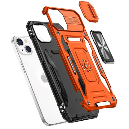 For iPhone 15 Plus (6.7") Tough Hybrid Case with Movable Camera Window & Metal Ring Stand Shockproof Case Cover Cosmic Orange