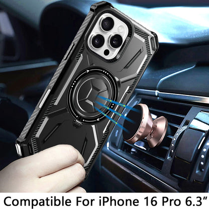 For Apple iPhone 16 Pro Shockproof Hybrid Magnetic Ring Case - 360° Rotatable Stand with MagSafe Compatibility Case Cover Black