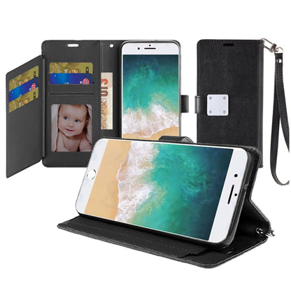 For Samsung Galaxy S21+ Plus Wallet Case with ID/ Card Holder, Wristlet Strap, Magnetic TPU Protective Shockproof Folio Flip Case Cover Black