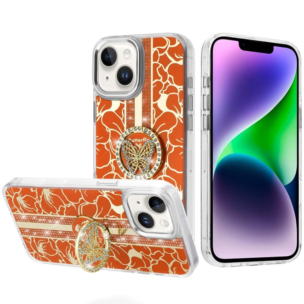 For iPhone 14/13 (6.1") Diamonds 3D Butterfly Floral Design Bling Sparkly Glitter Hybrid Metal Fashion with Ring Stand Case Cover Cosmic Orange