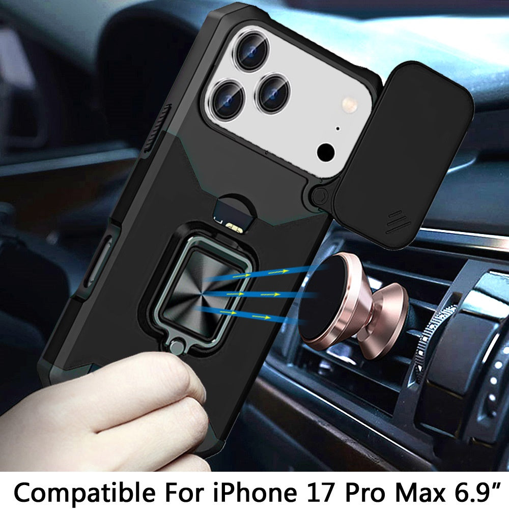 For Apple iPhone 17 Pro Max (6.9") Wallet Case with Ring Stand & Slide Camera Cover Back Credit Card Slot Holder, Military Grade Case Cover